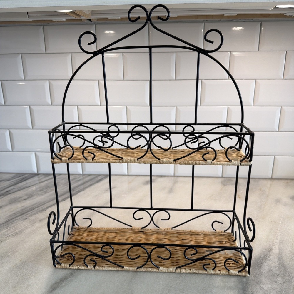 Vintage 1980's 2 Tier Metal/wicker Wall Hang Or Sit Shelf OLA002